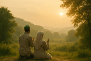 Ein Paar betet im Sonnenaufgang – Symbol für seelische Gesundheit, Ruhe und Dankbarkeit im Islam.