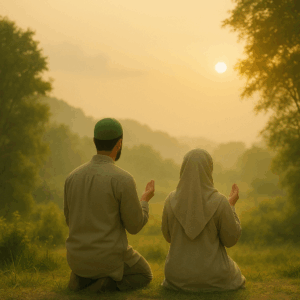 Ein Paar betet im Sonnenaufgang – Symbol für seelische Gesundheit, Ruhe und Dankbarkeit im Islam.