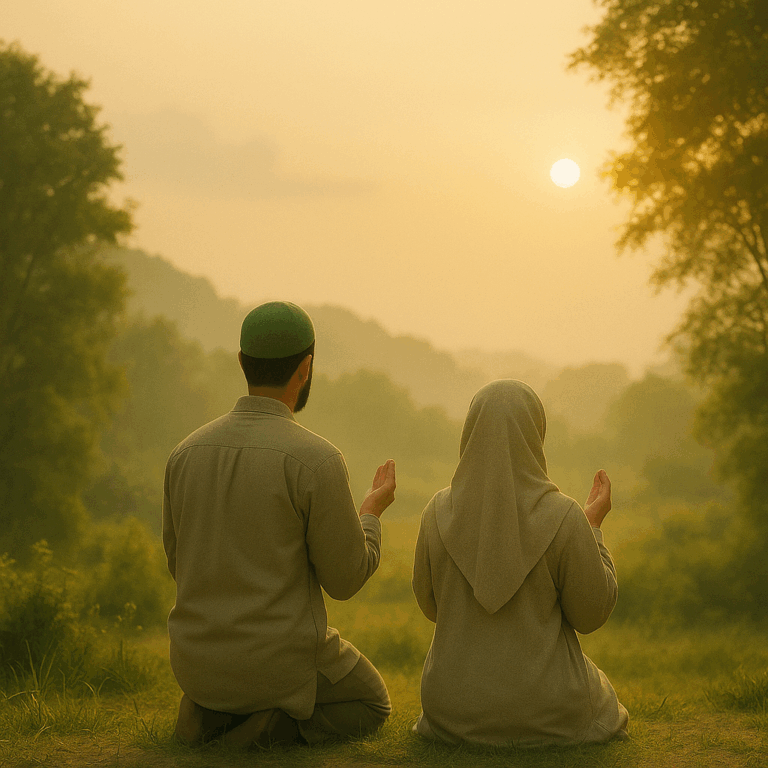 Ein Paar betet im Sonnenaufgang – Symbol für seelische Gesundheit, Ruhe und Dankbarkeit im Islam.
